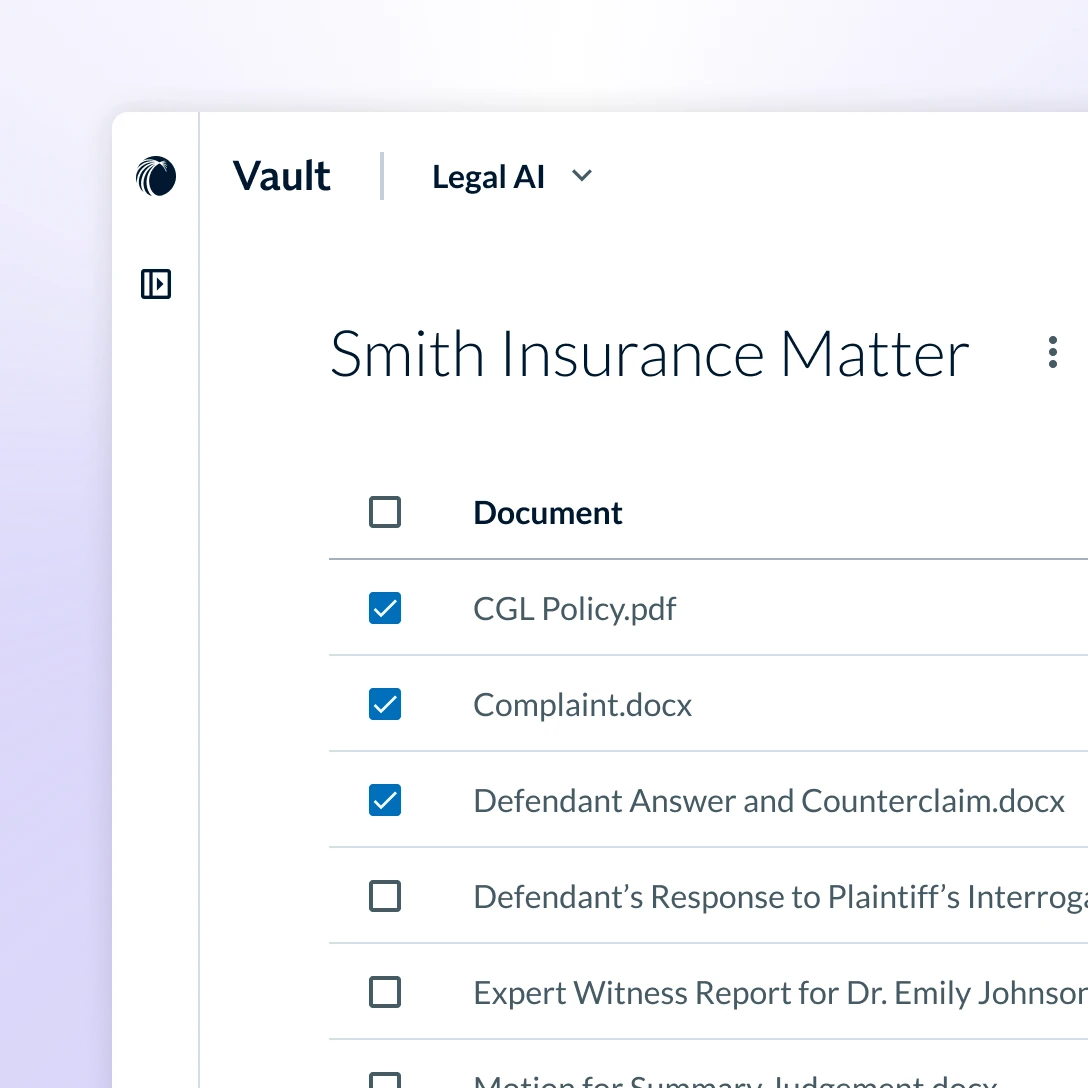Protege Vault document selection. Protégé Vault showing selected legal case documents for AI analysis.